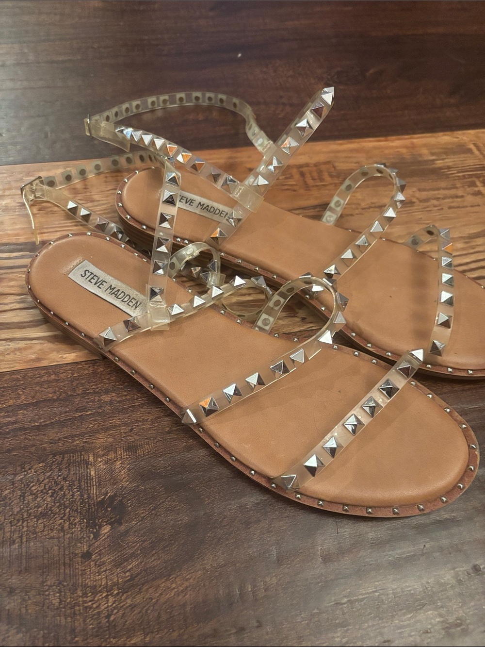 Steve Madden Clear Pyramid-Stud Sandals in Tan
